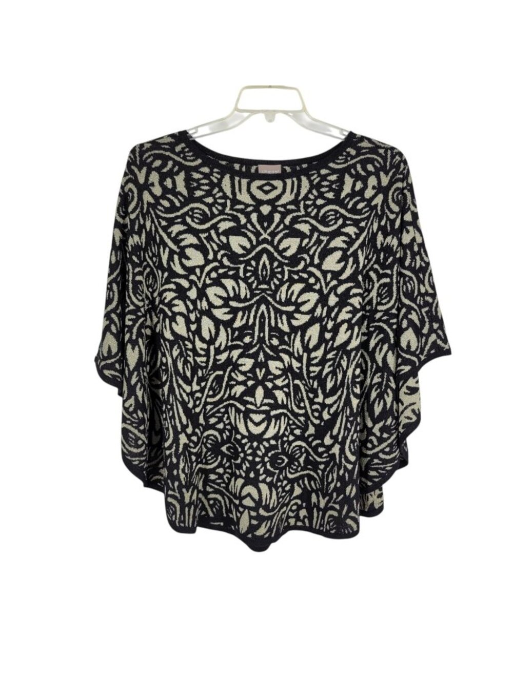 Chico's L XL Poncho Sweater Cape Top Metallic Jacquard Floral Boho Lagenlook